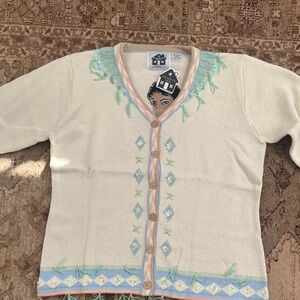 Storybook Knits M Native American Cream Sweater with Beaded tassels + embroidery